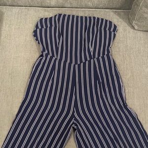 Wide Leg Blue Jumpsuit with White Stripes